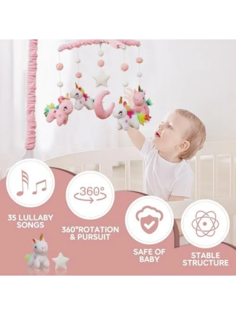 Unicorn Baby Crib Mobile with 35 Lullabies, Volume Control & 28